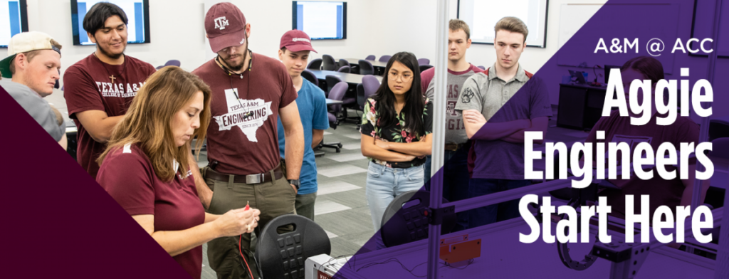 Male and female students wearing Texas A&M t-shirts in classroom watching instructor demonstration holding with electrical wires with words "Aggie Engineers Start Here" over photo