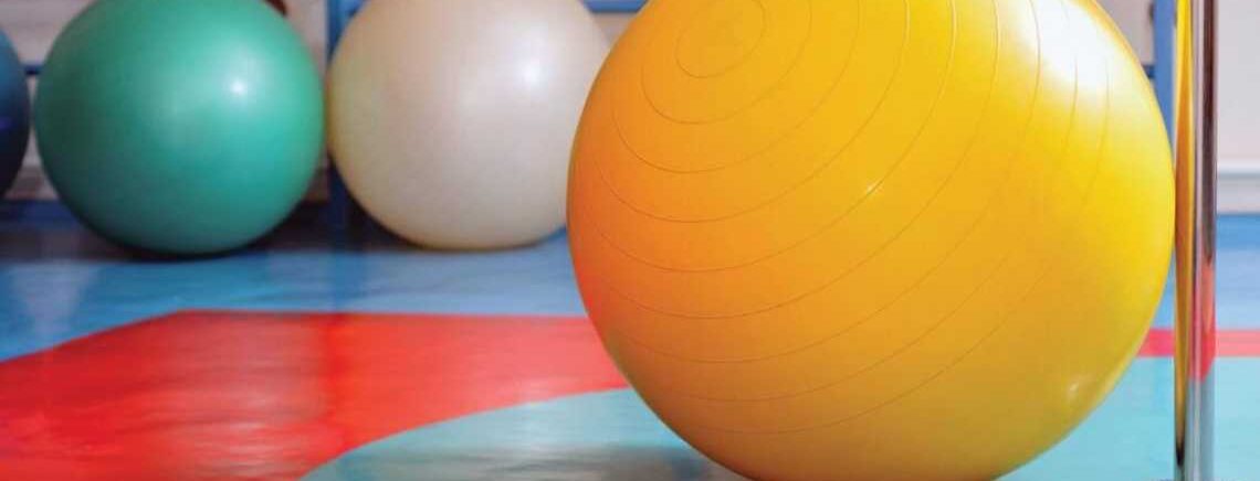 Therapy workout balls inside of a workout area.