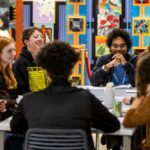 smiling students sit around a table in front of a colorful mural discussing the topics in the great questions seminar.